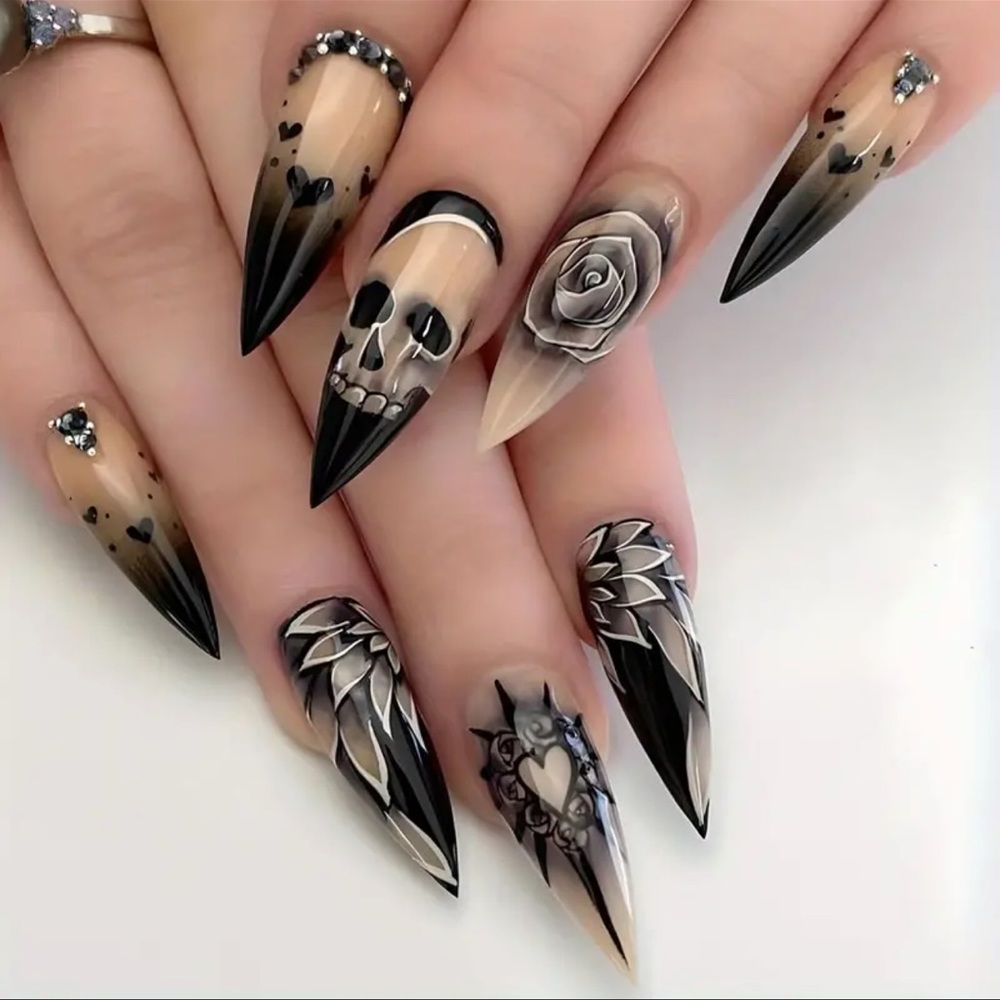 Black Ombre French False Nails Rose Flower Skull & Shining Rhinestone Design